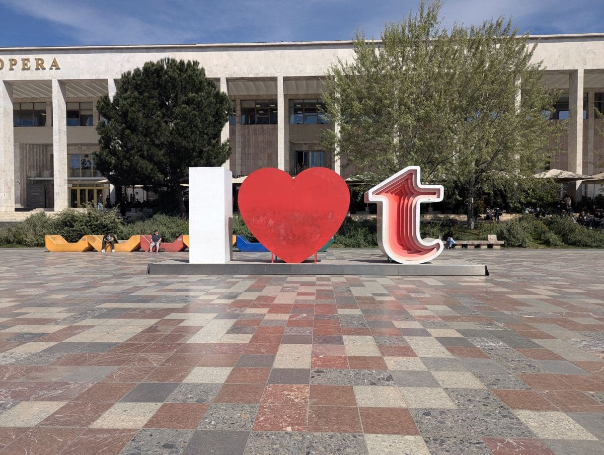 I Love Tirana monument at Skanderbeg Square, with red heart shape in place of the word Love, and letter t for Tirana.