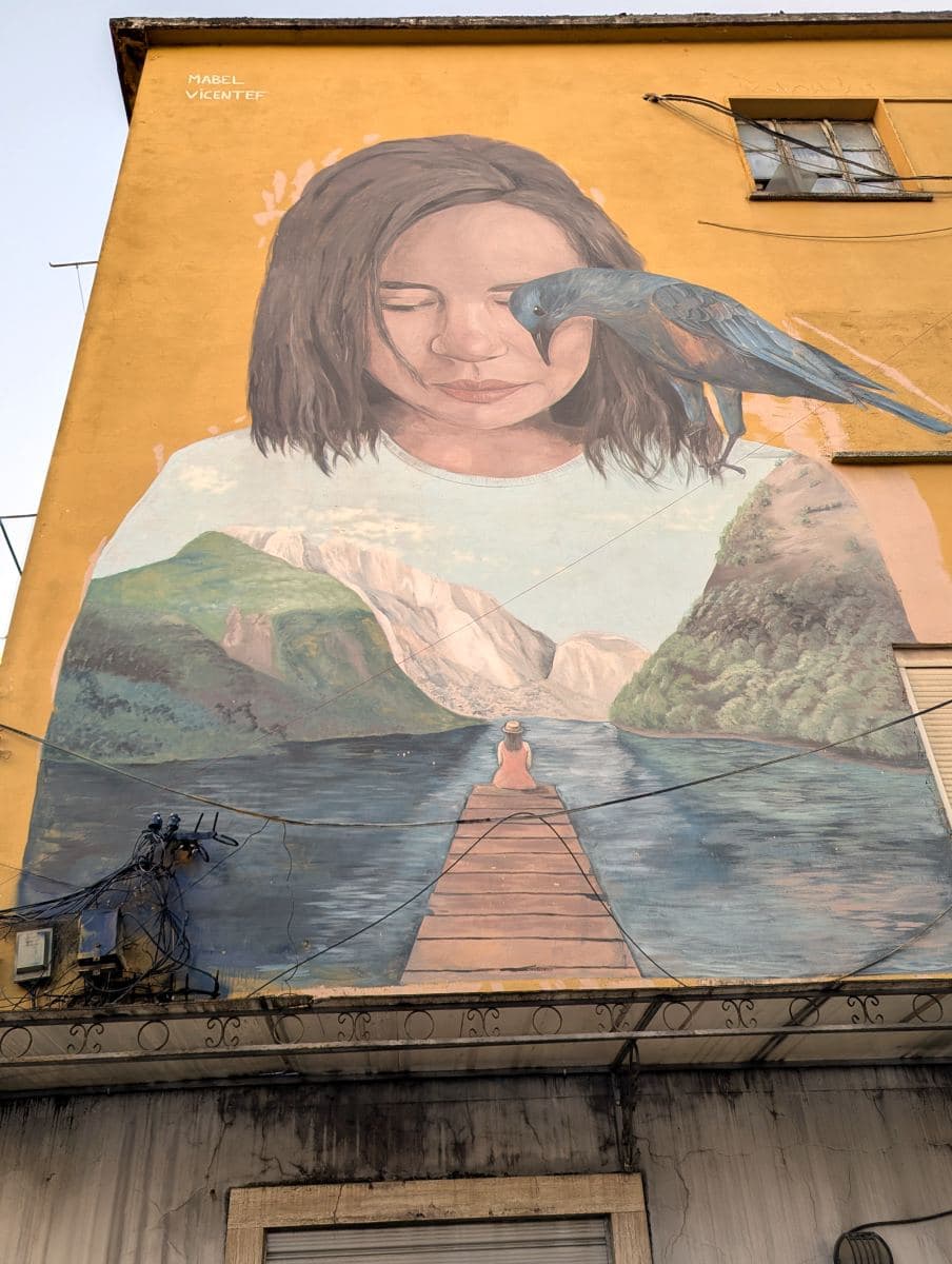 A large, colorful street art mural in Tirana depicting a woman with her eyes closed, a bird perched on her shoulder, and a scenic lake and mountain landscape blended into her clothing.